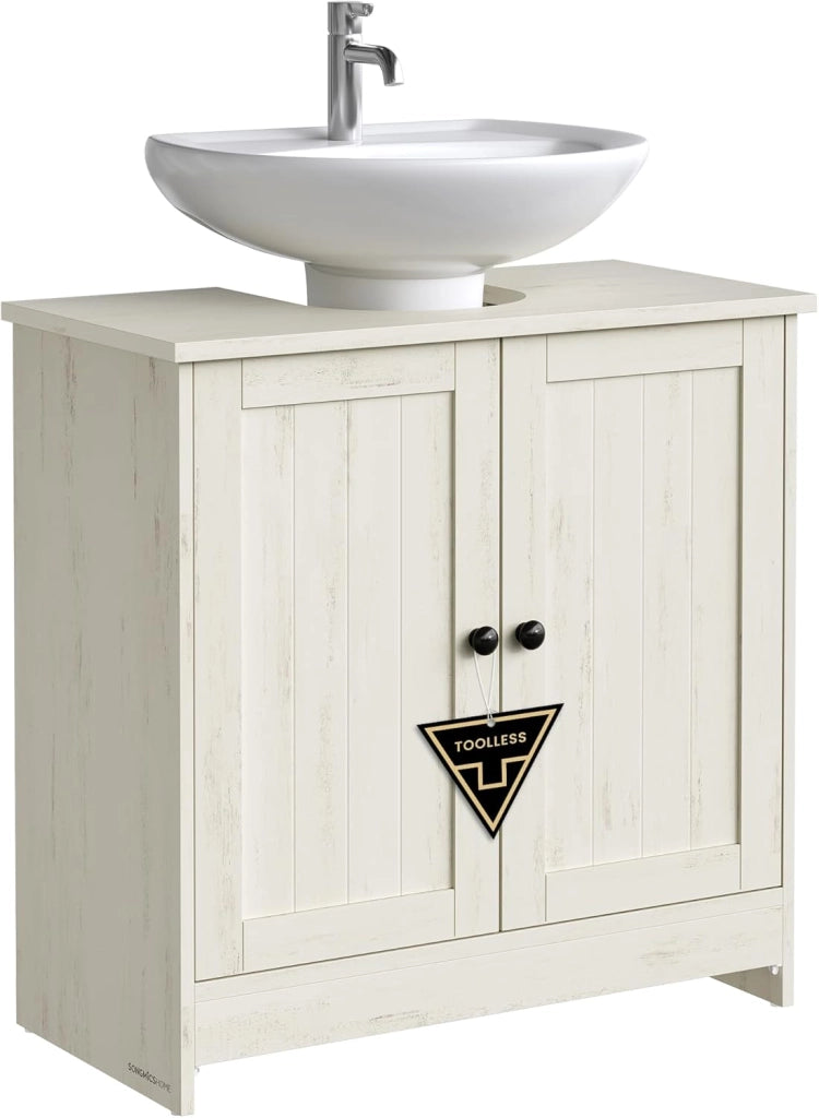 Bathroom Vanity Unit, Toolless Toolless Quick Assembly, Washbasin Cabinet with Adjustable Shelf with or Without Column, Vintage White BBC223WJ01