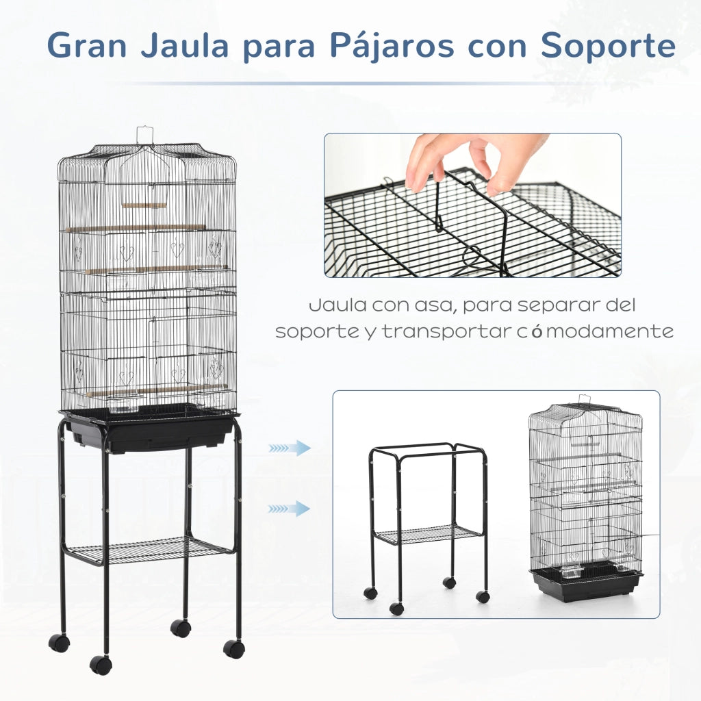 Gabbia per Uccelli con Ruote e Vassoio Estraibile ¨C Zephmum ¨C Nero 46.5x36x157 cm