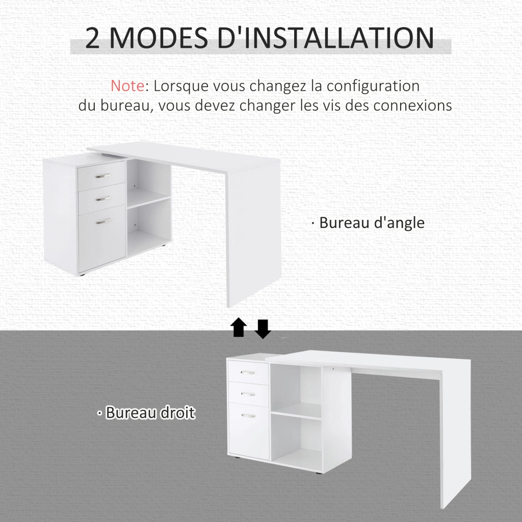 Scrivania angolare e dritta modulabile per computer, in MDF bianco con 3 cassetti e 2 vani, salvaspazio per casa e ufficio