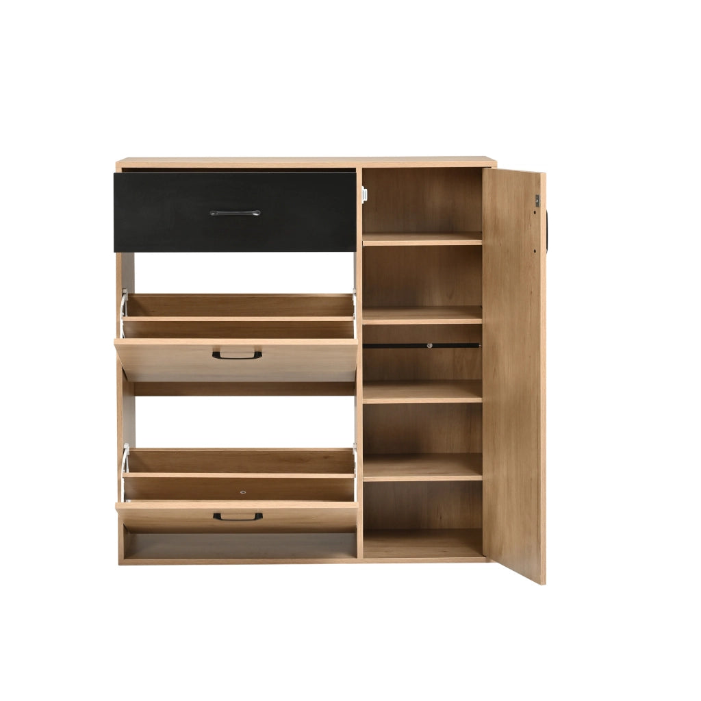 Scarpiera con 1 cassetto e 2 vani ribaltabili - per ingresso - in MDF e truciolare - 100×35×106 cm - noce e nero