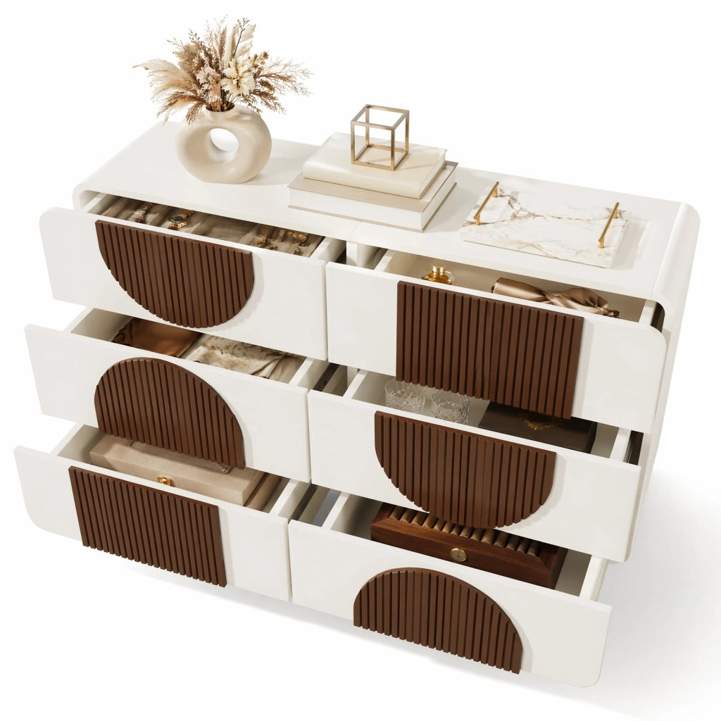 Comodino a 6 cassetti in bianco con design curvo, sideboard elegante 121x41x71 cm