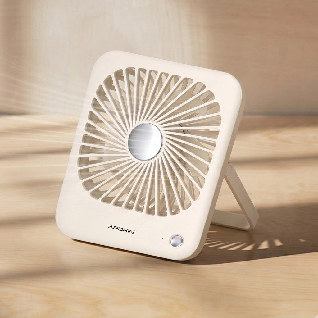 Ventilatore da Tavolo 3 Velocità Ricaricabile USB-C con Supporto Inclinabile Bianco Apokin