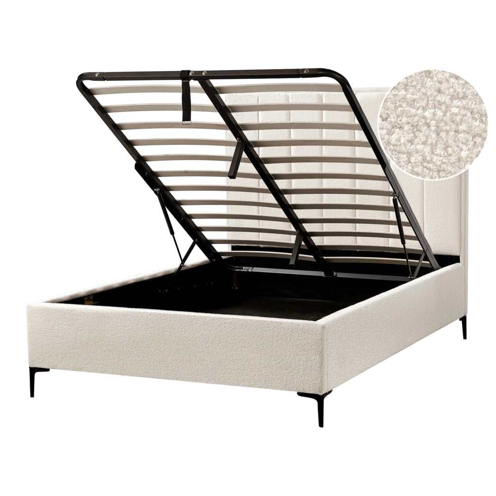 Letto Matrimoniale con Contenitore in tessuto bouclè bianco sporco 140 x 200 cm gambe in metallo Nero