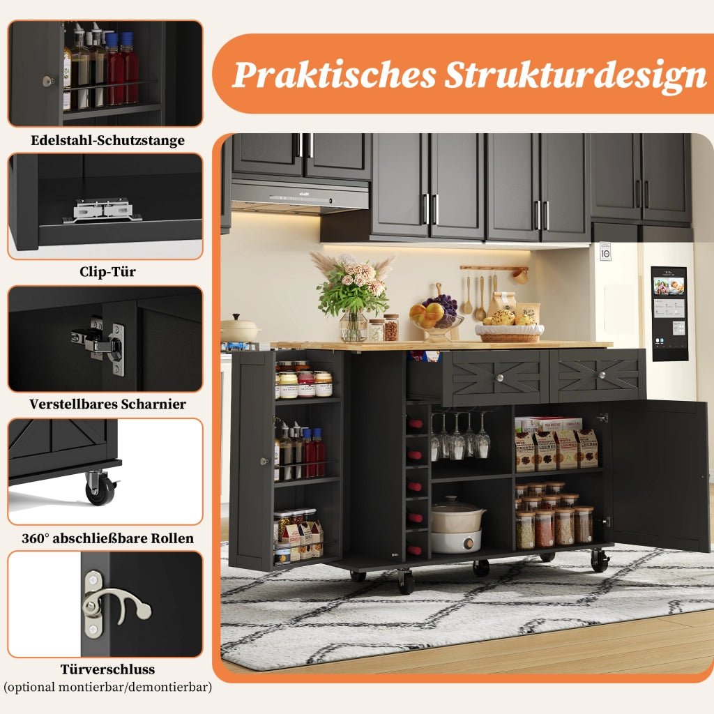 CARRELLO CUCINA con piano ribaltabile 120 x 45(70) x 89 cm in MDF nero