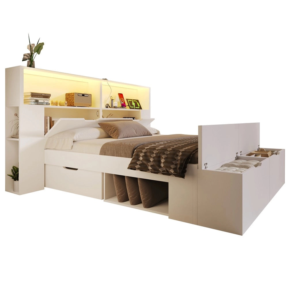 Letto Contenitore 140x200 in Legno con LED, Cassetti e Rete a Doghe ¨C MINIMAL ¨C Bianco