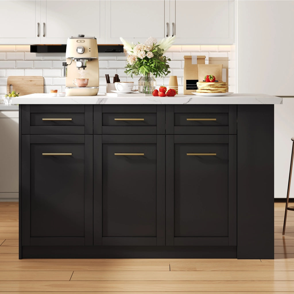 Isola da Cucina Nera 150/246x90x90 cm con Tavolo Estraibile 96 cm; Piano Effetto Marmo; 6 Cassetti e Ripiani