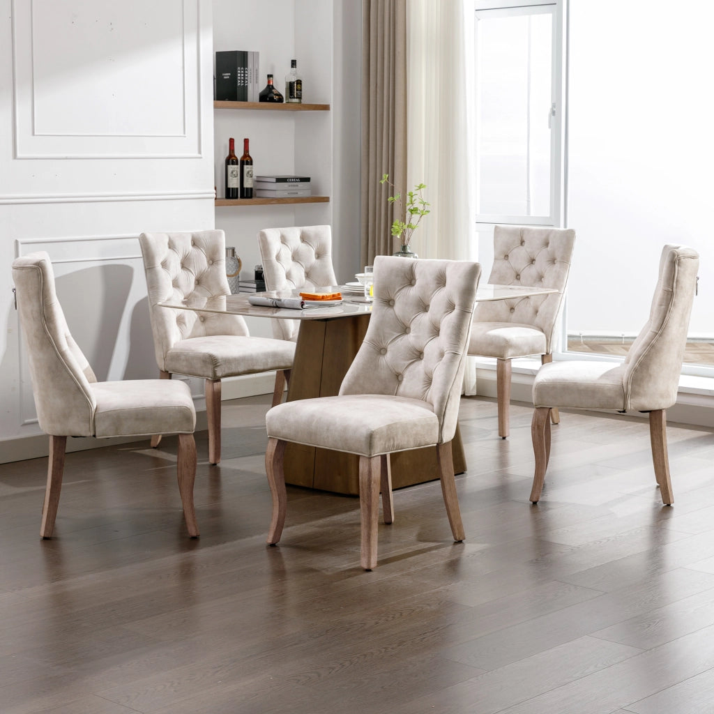 Sedie da Pranzo in Velluto con Schienale Alto ¨C MINIMAL ¨C Beige Chiaro, Gambe Massello, Set 6 Pezzi