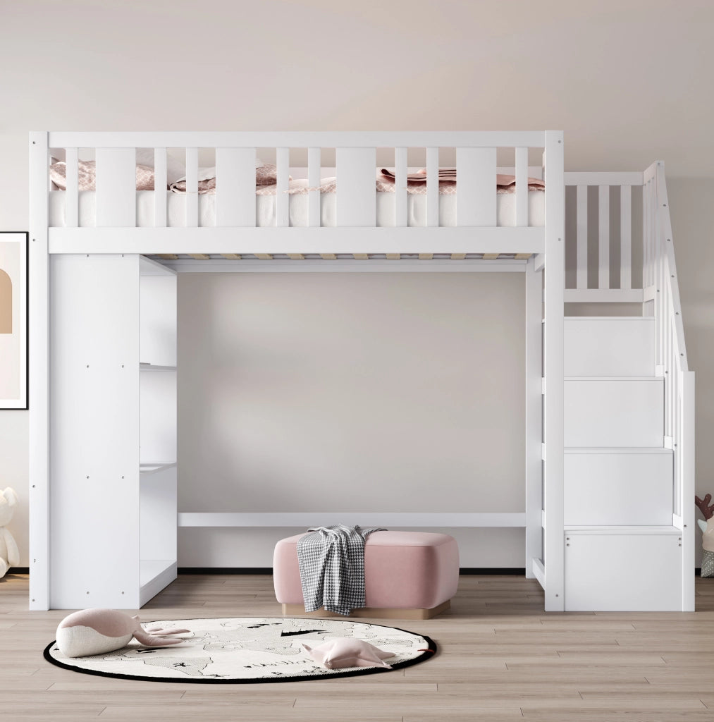 Letto a soppalco 90x200 cm con scala e 3 vani portaoggetti; in legno bianco