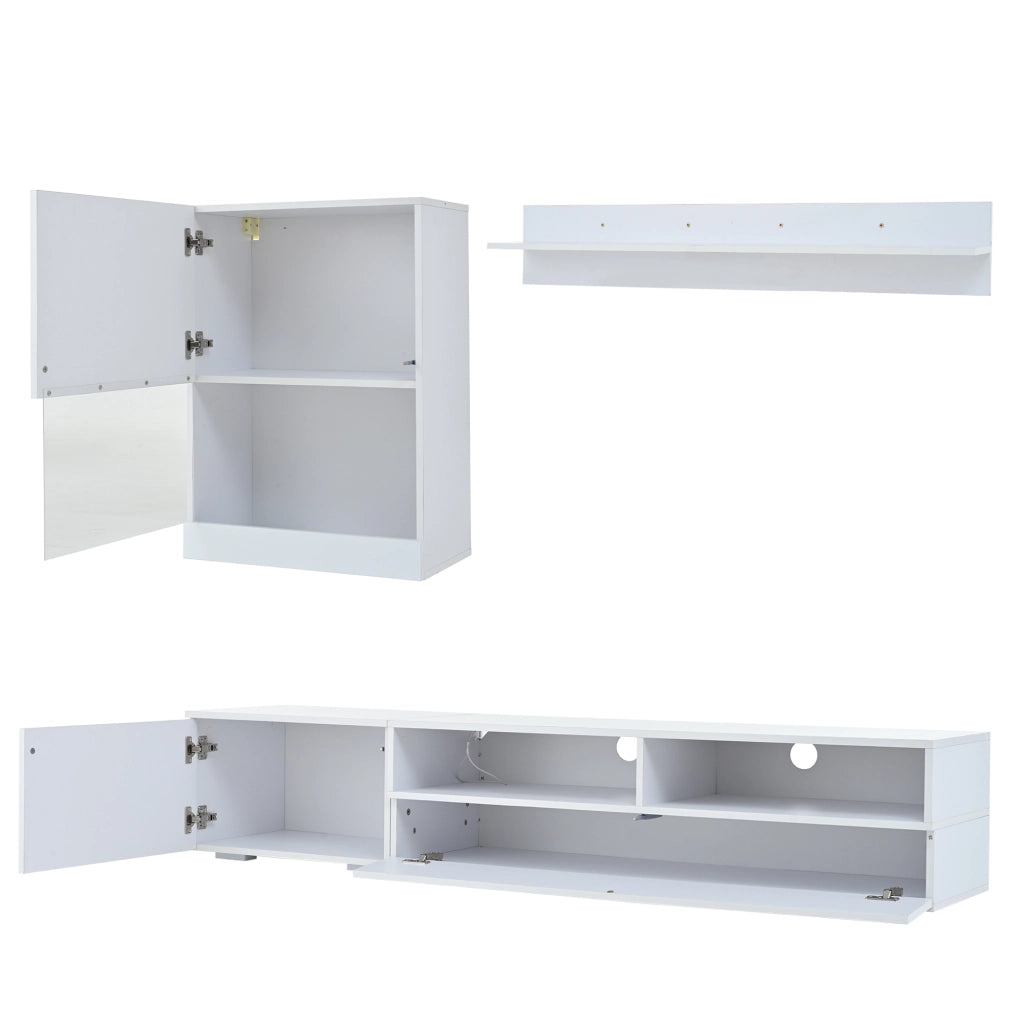 Mobile porta TV set con LED e finitura lucida con 3 ante e 2 vani aperti per soggiorno bianco 175 × 39 × 34 cm