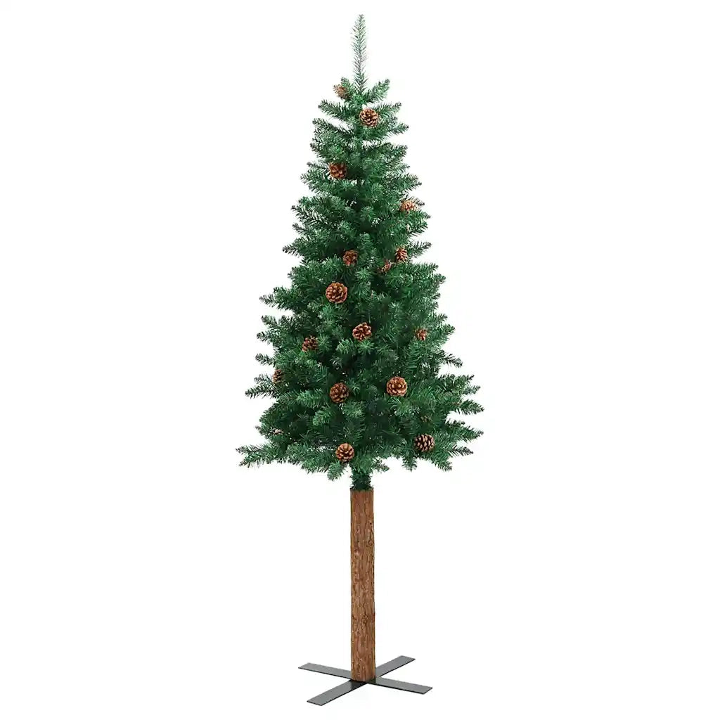 Albero di Natale Sottile con Legno Vero e Pigne Verde 180cm PVC