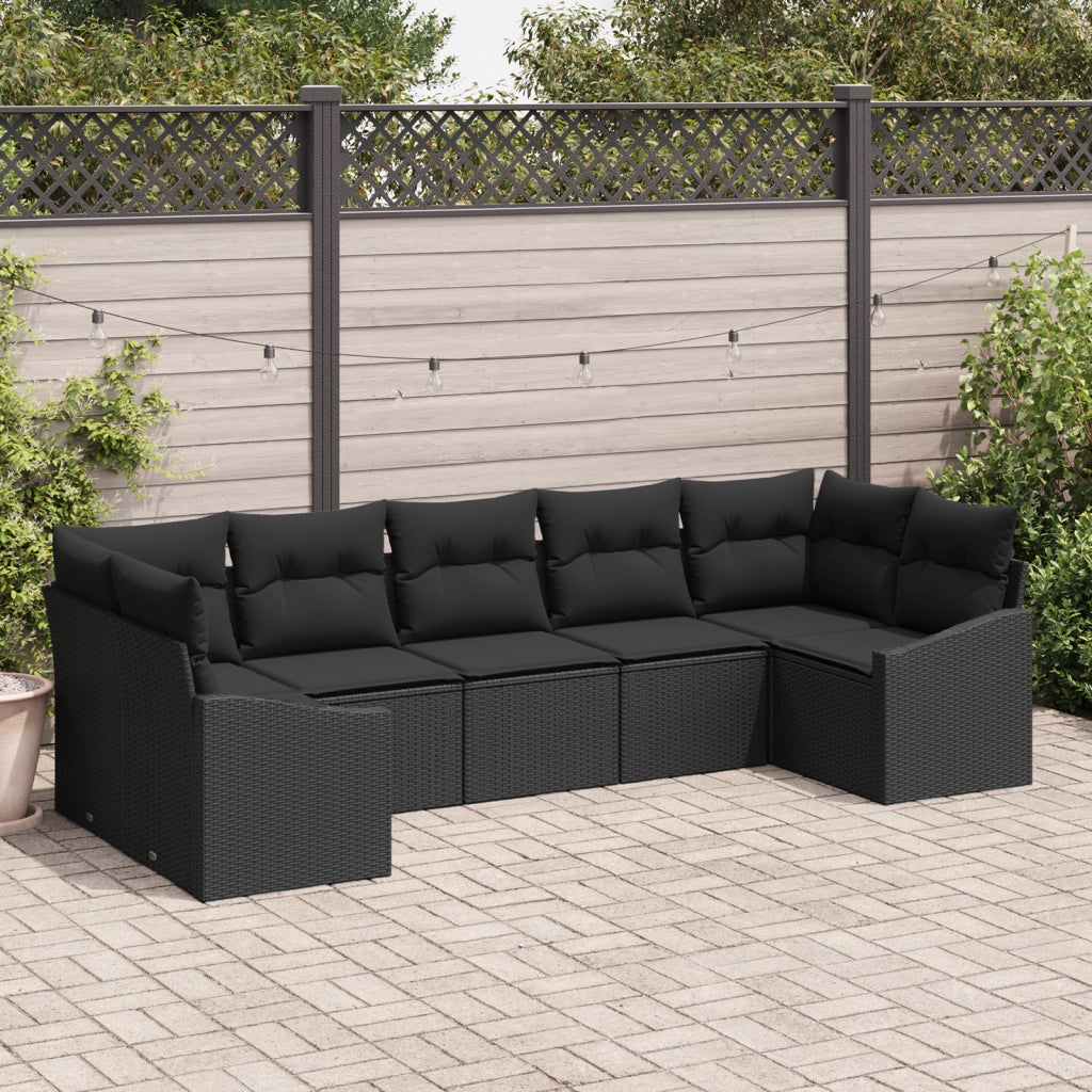 Set da Giardino da 7 Pezzi di con Cuscini Nero Polyrattan