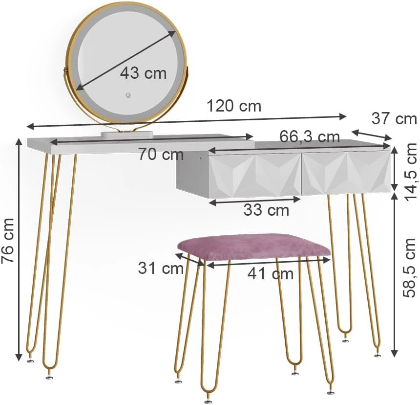 Vicco Tavolo da toeletta Bella, Bianco, 120 cm con illuminazione LED e sgabello, con illuminazione LED e sgabello imbottito