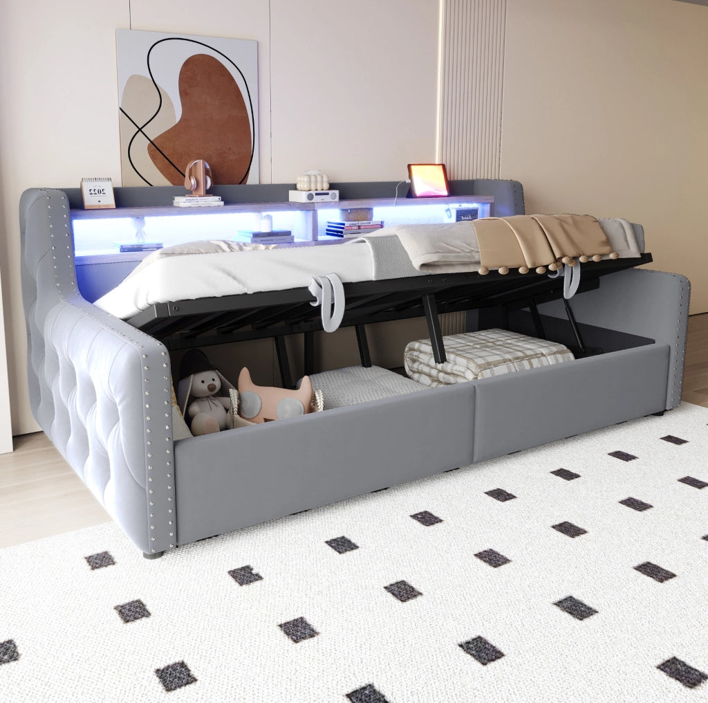 Divano letto imbottito 90x200 cm con LED e vano contenitore