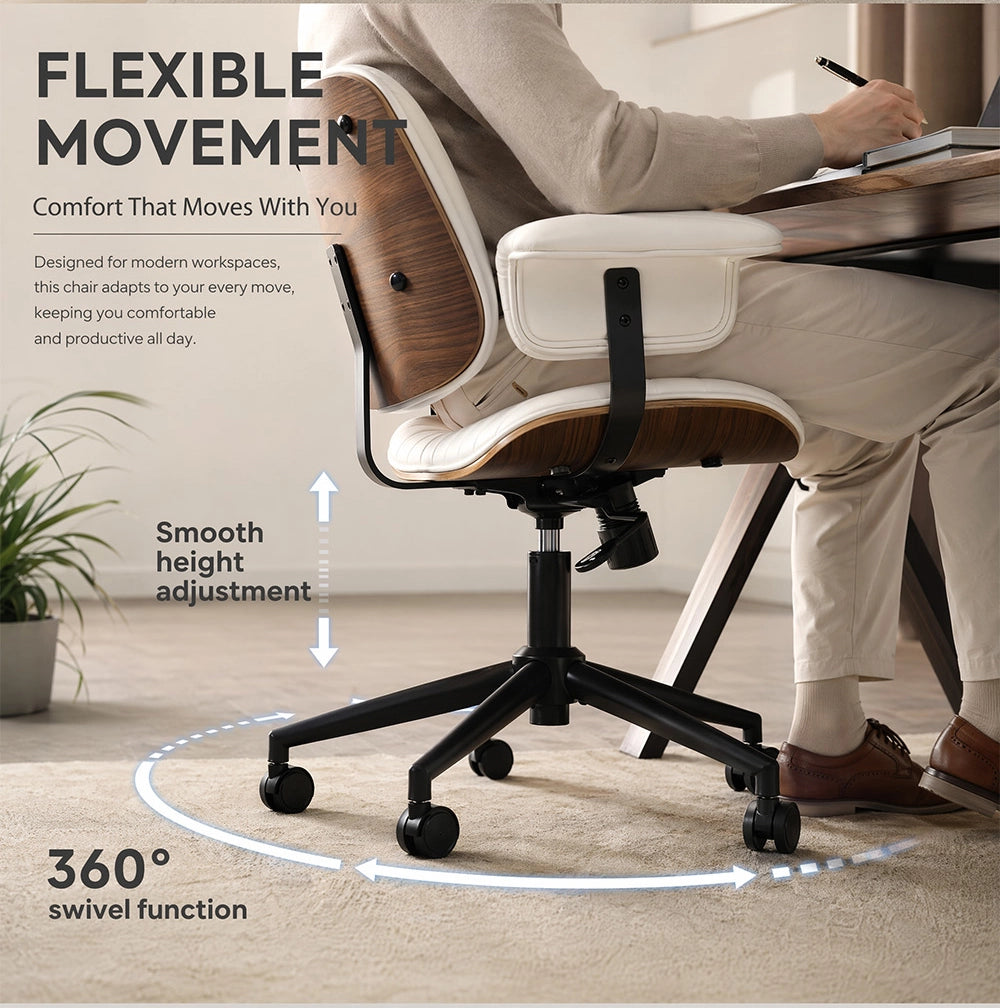 Sedia da ufficio girevole moderna con ruote, braccioli imbottiti e cuciture a mano in pelle PU e metallo beige