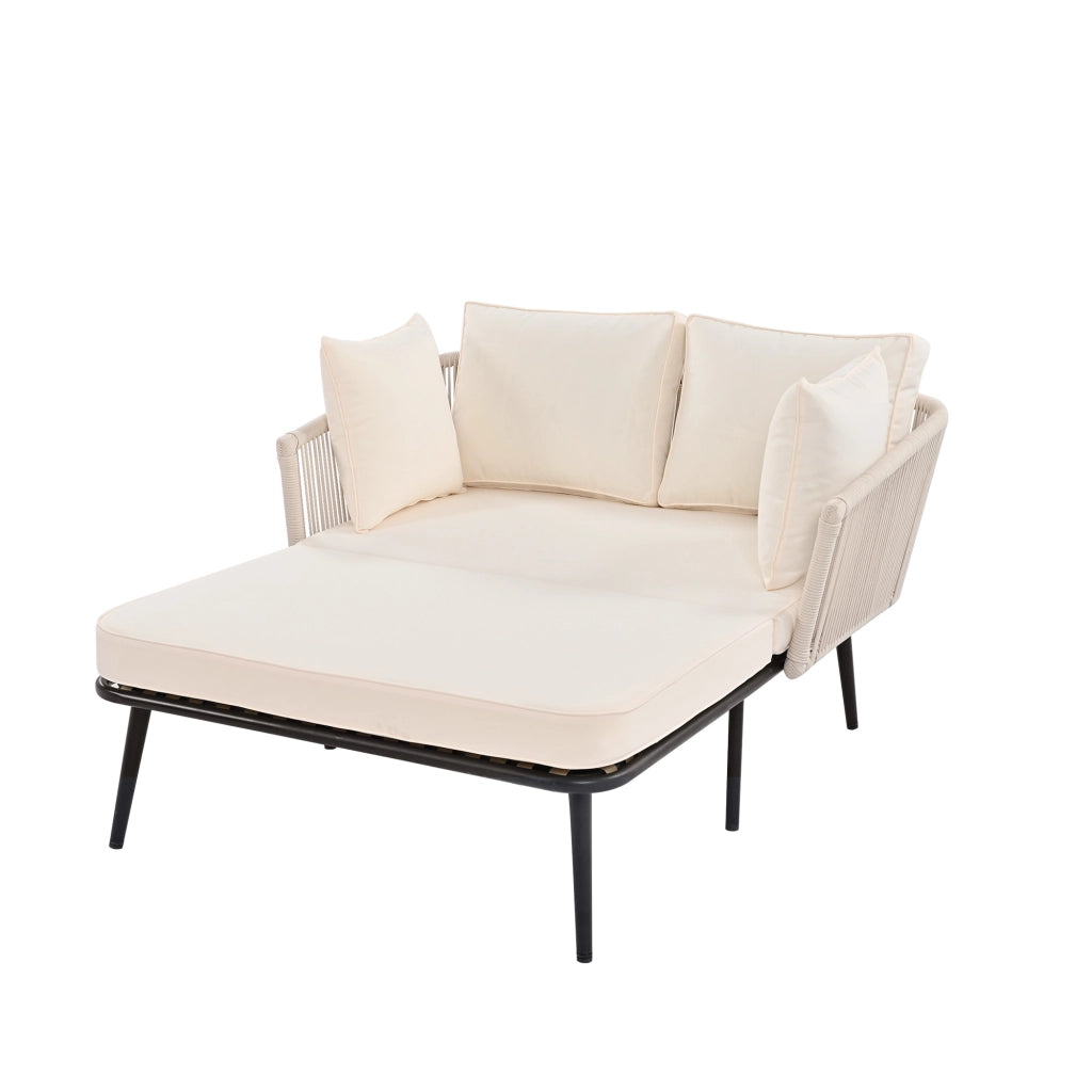Chaise longue da giardino in acciaio zincato e poliestere beige con corda intrecciata cuscino sfoderabile
