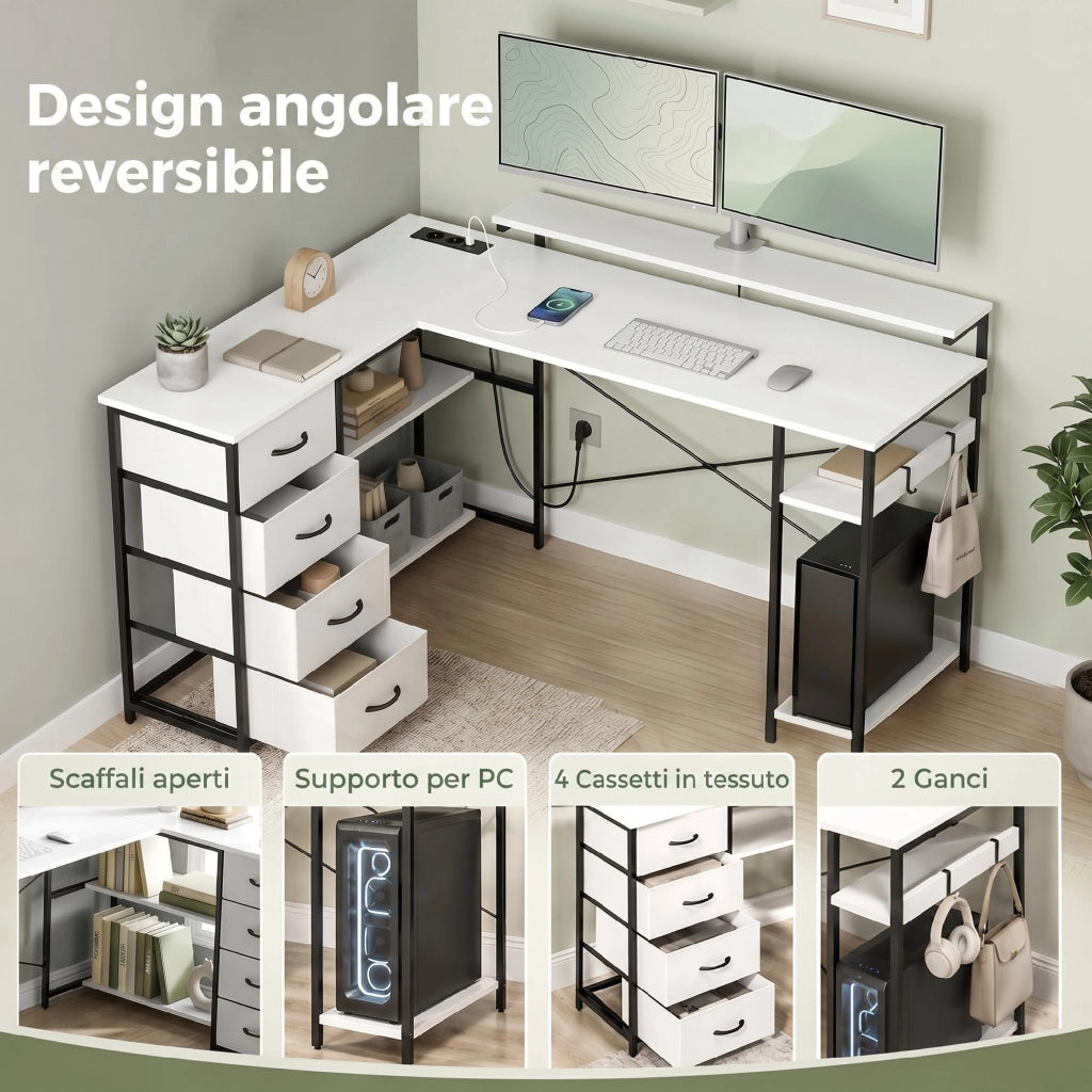 Scrivania Angolare 155x112x85,5-91,5 cm con Prese 4 Cassetti in Tessuto Rialzo Monitor e 2 Ganci Bianco e Nero