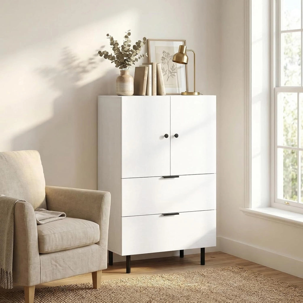 Mobiletto di Stoccaggio con 2 Cassetti e Scomparto a Doppie Porte, Tavolino in Stile Industriale con Gambe in Metallo Robuste, Dispositivo Anti-Ribaltamento, Caffè/Bianco