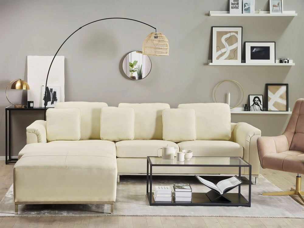 Divano ad angolo rivestito in pelle beige con orientamento a versione destra a forma di L ottomana