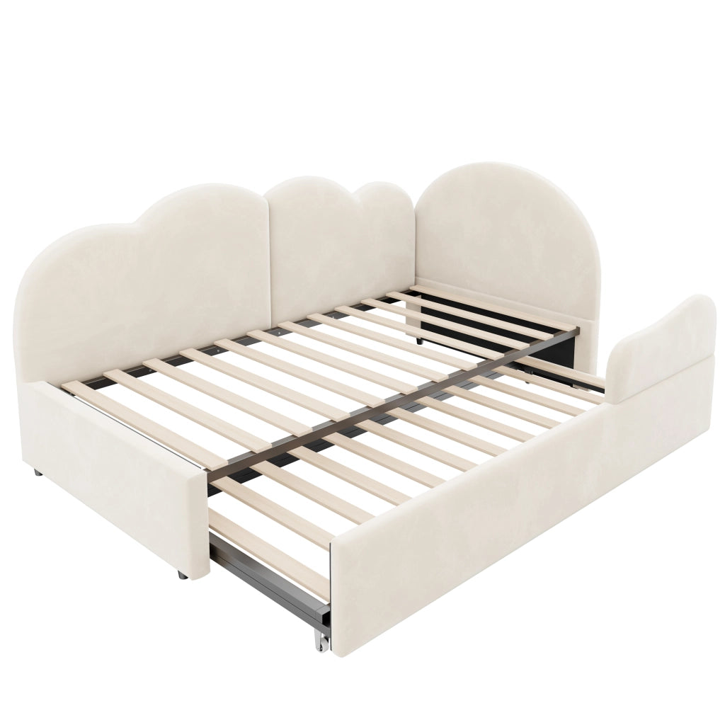 Letto a Divanetto 90x200 cm e 180x200 cm; Estraibile; Testiera a Nuvola in Velluto Beige