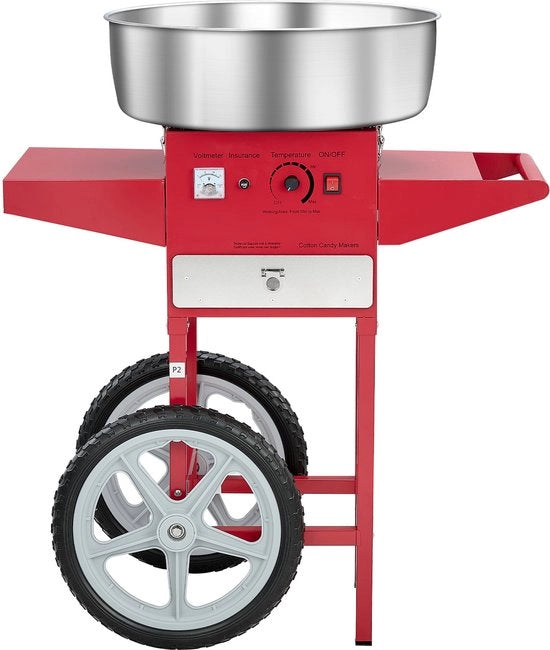 Macchina per la preparazione di zucchero elettrica con carrello (1000 W), dotata di contenitore in acciaio inossidabile da 52 cm, cucchiaio e carrello - Ideale per feste di compleanno dei bambini e feste di famiglia, rosso
