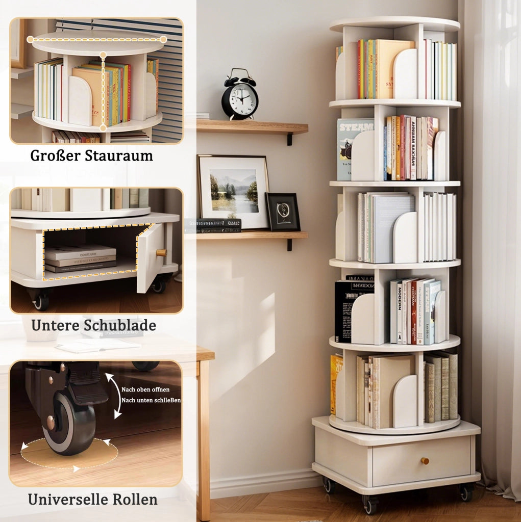 Libreria girevole 360° con cassetto e ruote, bianca