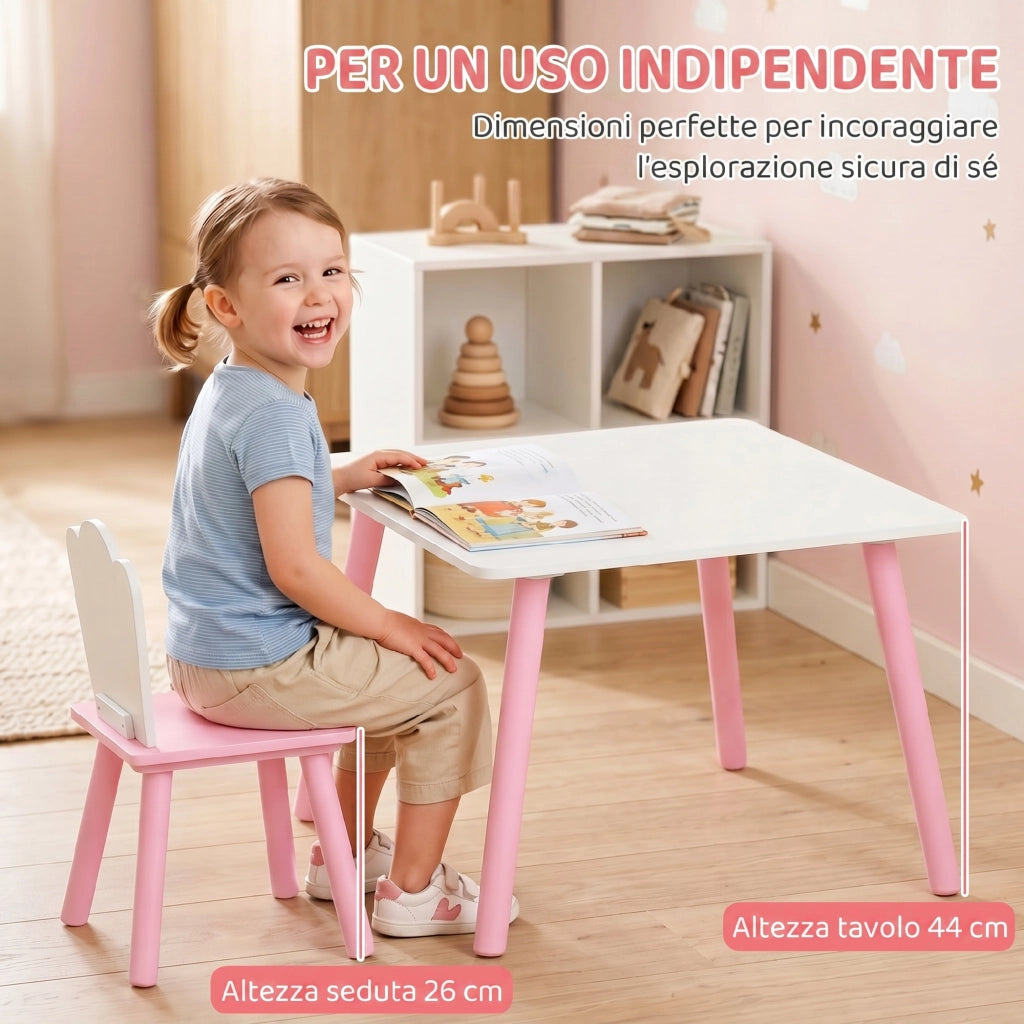Set Tavolo e 2 Sedie per Bambini 3-6 Anni in Legno con Angoli Arrotondati Rosa