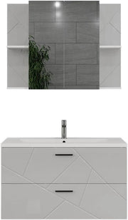 Set di mobili da bagno Irma, Bianco/bianco lucido, 100 cm, composto da mobile sottolavabo con lavabo e specchio per bagno