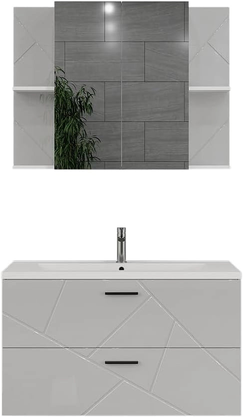 Set di mobili da bagno Irma, Bianco/bianco lucido, 100 cm, composto da mobile sottolavabo con lavabo e specchio per bagno