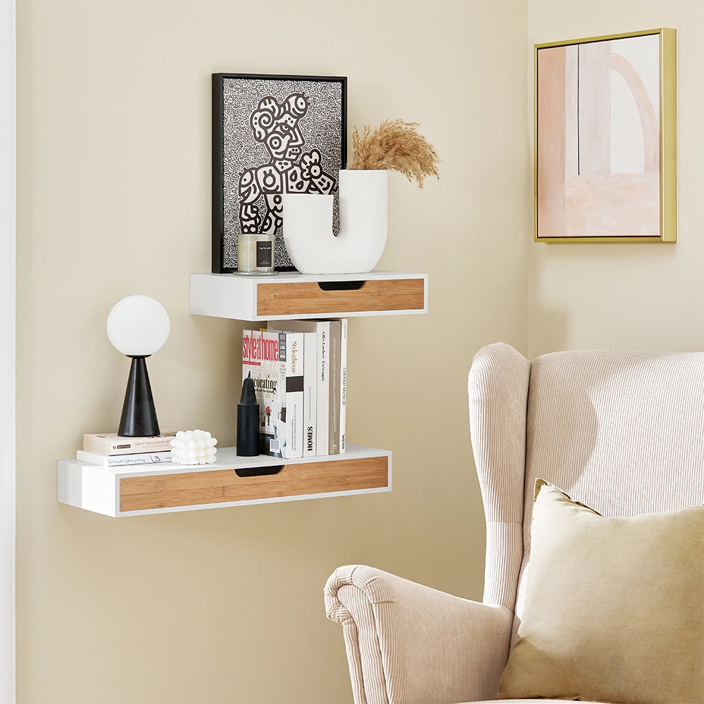 SoBuy | Set di 2 mensole a parete bianche con cassetto | Mensola galleggiante con cassetto integrato | Mensole da muro in MDF verniciato | 40×24×8 cm | Capacità di carico 16 kg | FRG92-WNX2