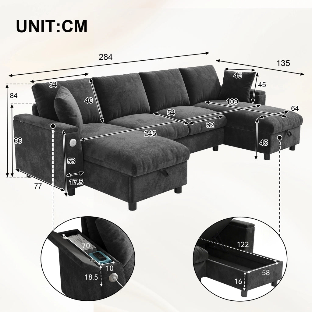 Divano a U, tessuto chenille, chaise longue, con vano portaoggetti, porte USB/Type-C, 284 x 135 x 84 cm, grigio