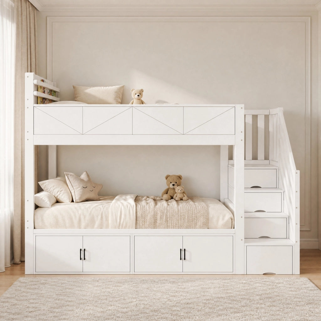 Letto a castello per bambini 90 × 200 cm con scala contenitore in legno bianco e vani chiusi integrati