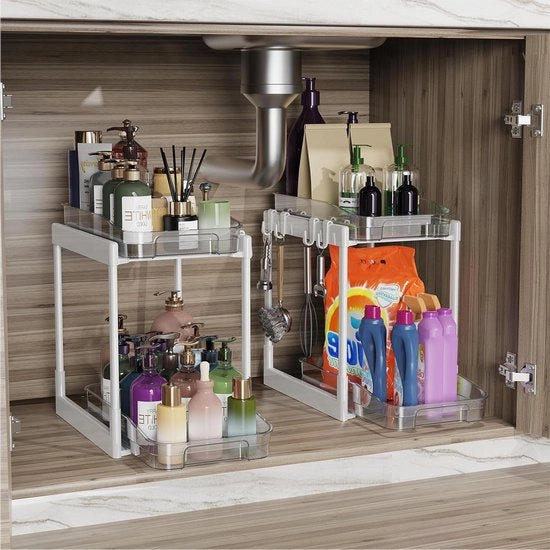 Organizzatore per lavandino in alluminio con chiusura a rilascio rapido - 2 pezzi - bianco - estensibile