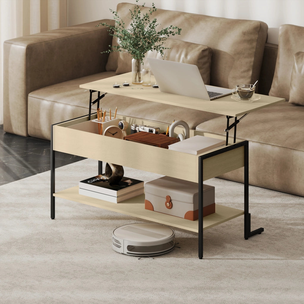 Tavolino da caff¨¨ con piano alzabile ¨C Xylo ¨C legno naturale con vano e ripiano 95x40x59cm