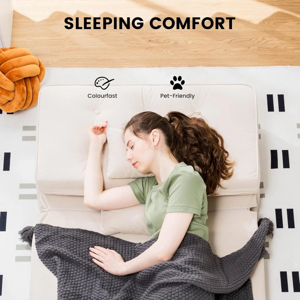 Poltrona relax da pavimento pieghevole con funzione di sonno, divano lazy, lucidata con schienale regolabile a 5 livelli, divano pieghevole per soggiorno, camera da letto, beige
