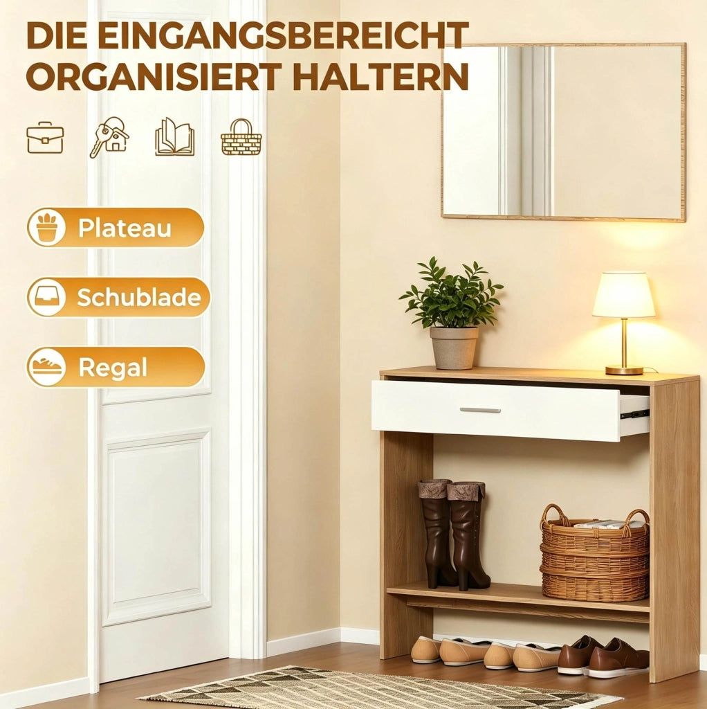 Mobile ingresso con specchio, cassetto e ripiano rovere bianco