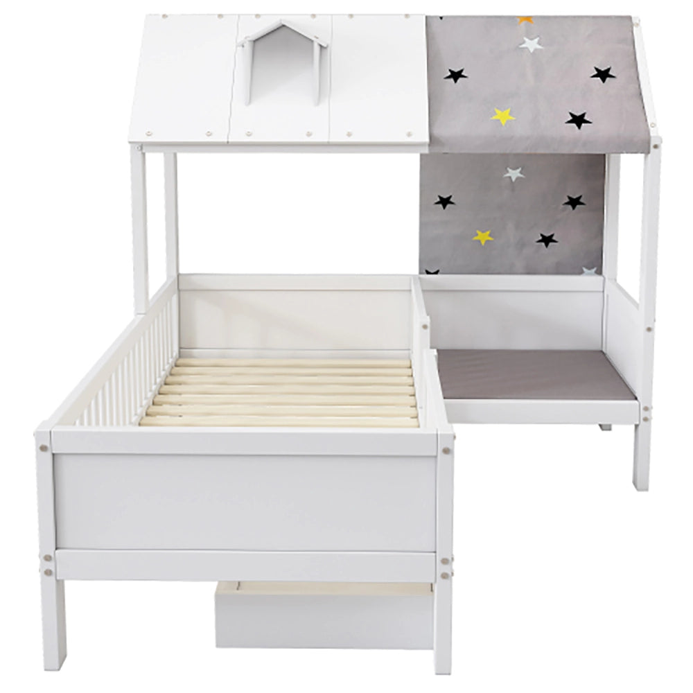 Lit a forma di casa per bambini - Xylo - 90x200 cm - Legno - Bianco - Con tenda e cassetti