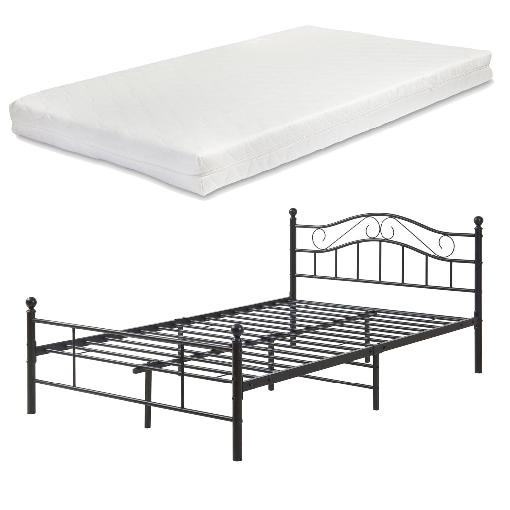 Letto Piazza e Mezza Florenz in Acciaio con Testiera Decorativa e Materasso 120 x 200 cm Nero [en.casa]