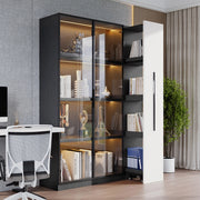 Armadio multifunzionale - Xylo - 110,5x35x160cm - Bianco e nero - Vetrina con porta in vetro e LED, cassetto scorrevole, ruote