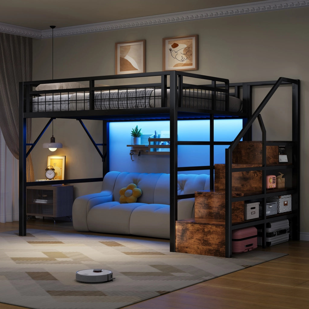 LETTO A CASTELLO 140 x 200 cm in metallo nero con LED e scale contenitore