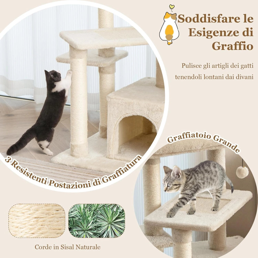 Albero per Gatti a 4 Piani, Torre con Tiragraffi, Nicchia per Gatti, Pallina di Peluche con Sonagli, Piattaforma per Saltare, Albero Tiragraffi per Animali Domestici (Beige)