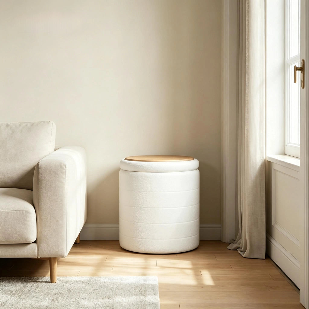 Pouf contenitore pieghevole con spazio portaoggetti coperchio reversibile seduta imbottita in teddy fleece bianco