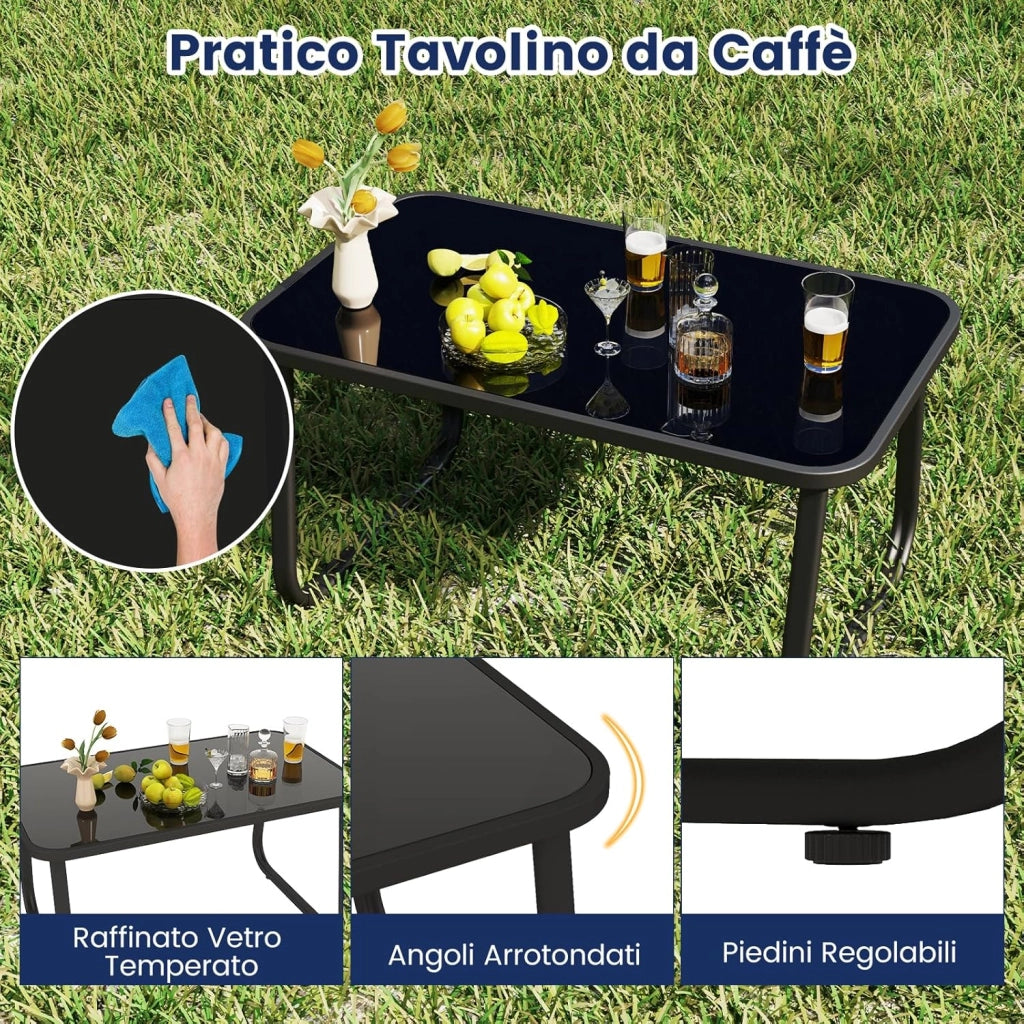 Set da Giardino 4 Pezzi in Tessuto Textilene, Set da Bistrò da Patio, Tavolo e Sedie con Tavolino in Vetro, 2 Sedie e Divanetto a Dondolo, per Giardino Coltile Terrazza (Blu)
