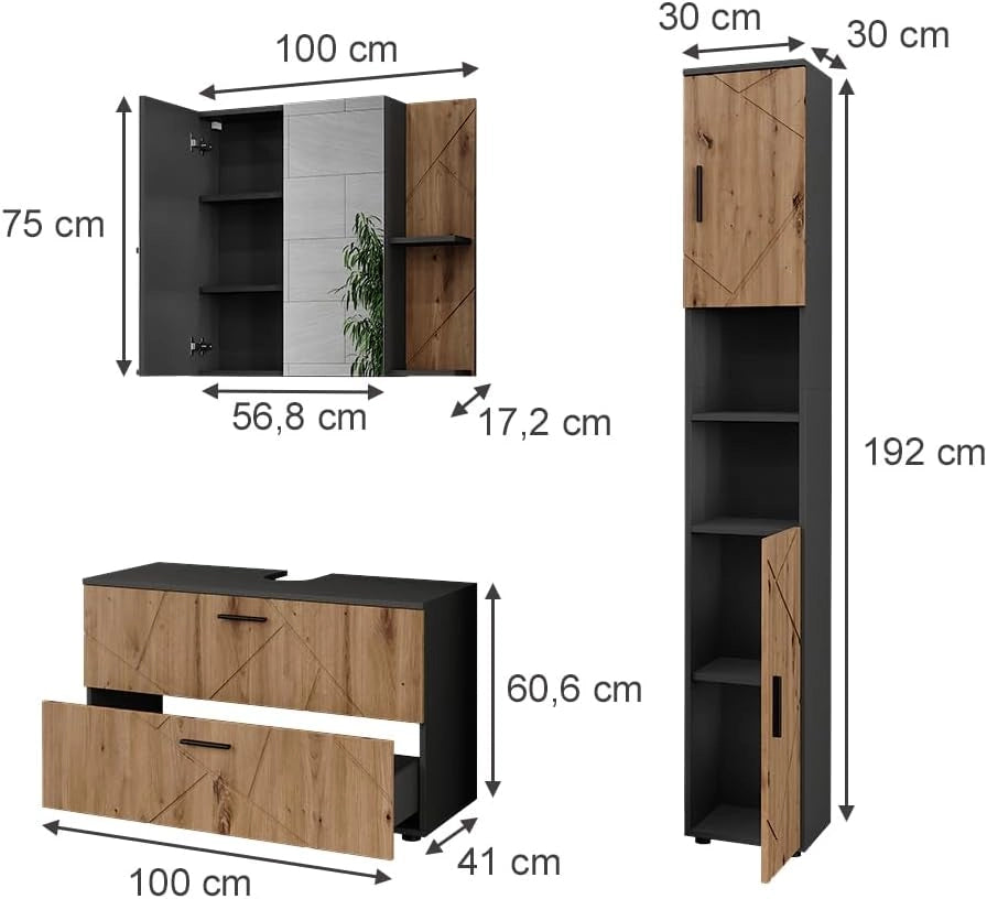 Set di mobili da bagno Irma, Antracite/Artisan, 100.1 cm, composto da mobile sottolavabo, specchiera e colonna alta