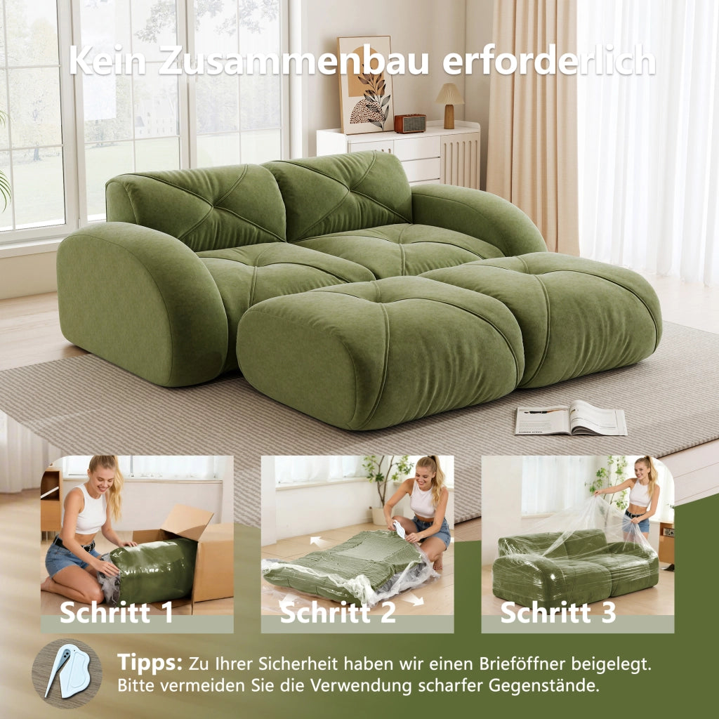 Divano modulare a 2 posti con pouf, senza montaggio e base antiscivolo in ciniglia verde 204 × 171 × 76 cm