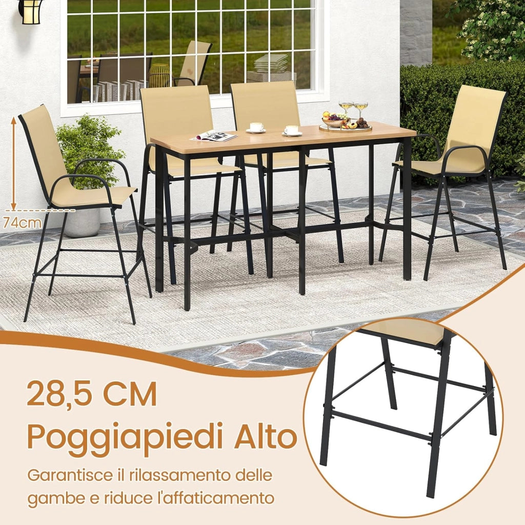 Set di 2 Sgabelli da Bar per Esterno, Sgabello 74 cm da Giardino, Polrona Alta con Poggiapiedi, Seduta Allargata & Telaio in Metallo,per Patio Terrazza Piscina, Portata 150 kg