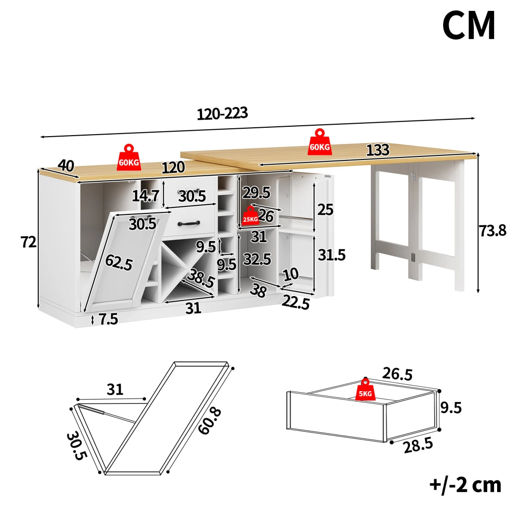 Madia da cucina girevole con 2 cassetti; portabottiglie estraibile e supporto per pattumiera; per cucina; bianco; 120 × 40 × 73.8 cm