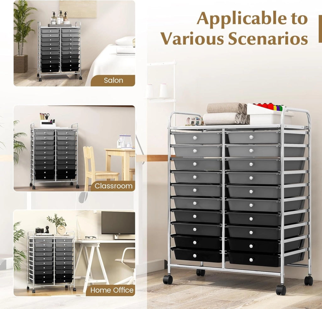 Carrello portaoggetti con ruote da 20 cassetti rimovibili, torre di stoccaggio mobile, 4 ruote con 2 freni, carrello girevole per ufficio, cucina, casa, 64 x 38 x 87 cm (nero sgrassato)