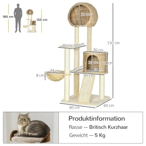 Albero Tiragraffi per Gatti con Cuccia in Rattan, Hамaca, Piattaforme Multiple e Antiribaltamento, Beige