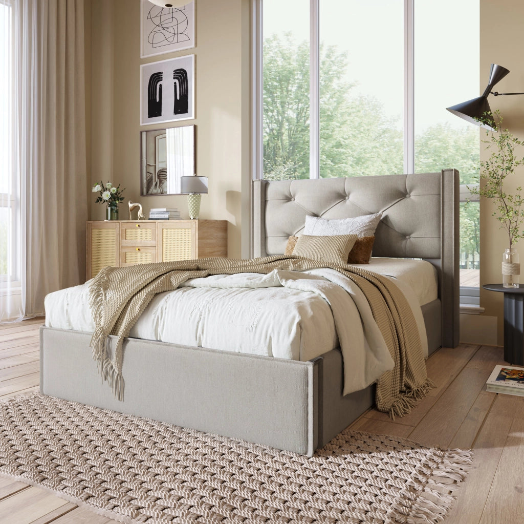 Letto imbottito 90x200 cm con contenitore sollevabile; cotone grigio chiaro (Senza materasso)