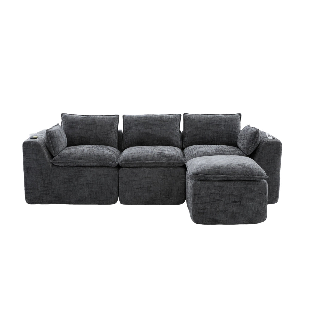 Divano modulare in chenille grigio scuro con pouf 256x161 cm HAVRYA
